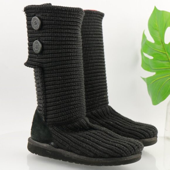 UGG Classic Womens Cardy II Knit Boot Size 6 Tall Black Ribbed Button Slouch - Picture 1 of 12
